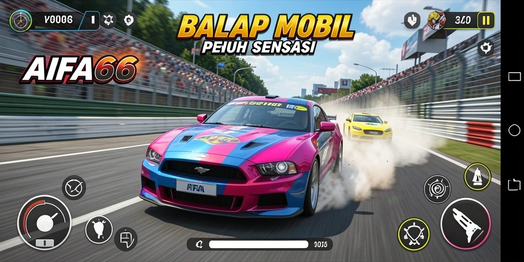 Tampilan gameplay AIFA66 dengan mobil balap cepat dan trek yang menegangkan.