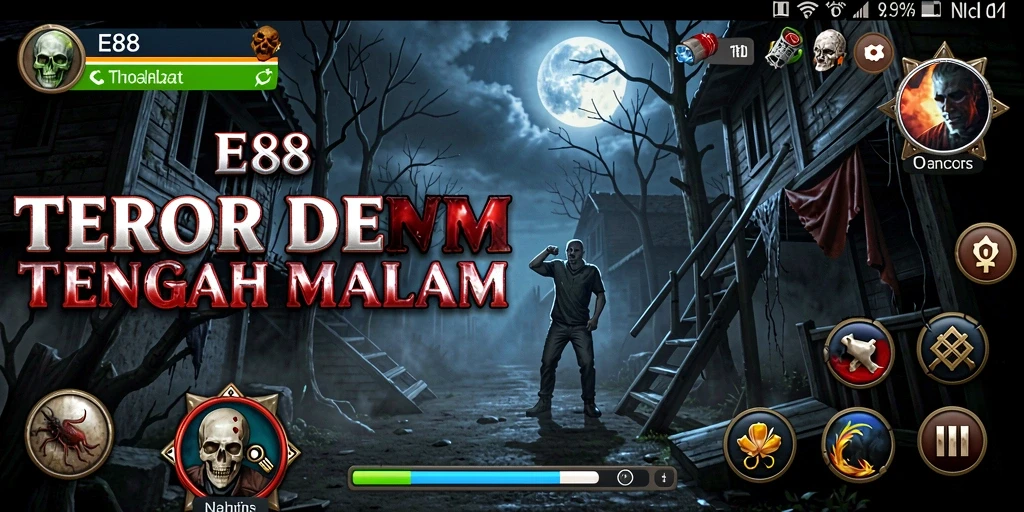 Screenshot gameplay E88 menampilkan suasana menyeramkan dan mencekam.