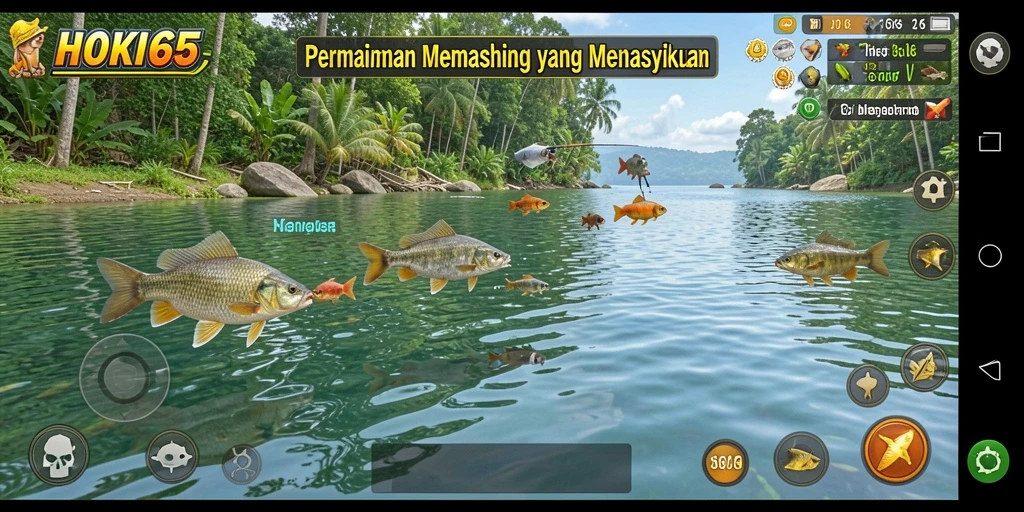 Screenshot HOKI65 menampilkan pemain menangkap ikan dengan alat pancing modern.