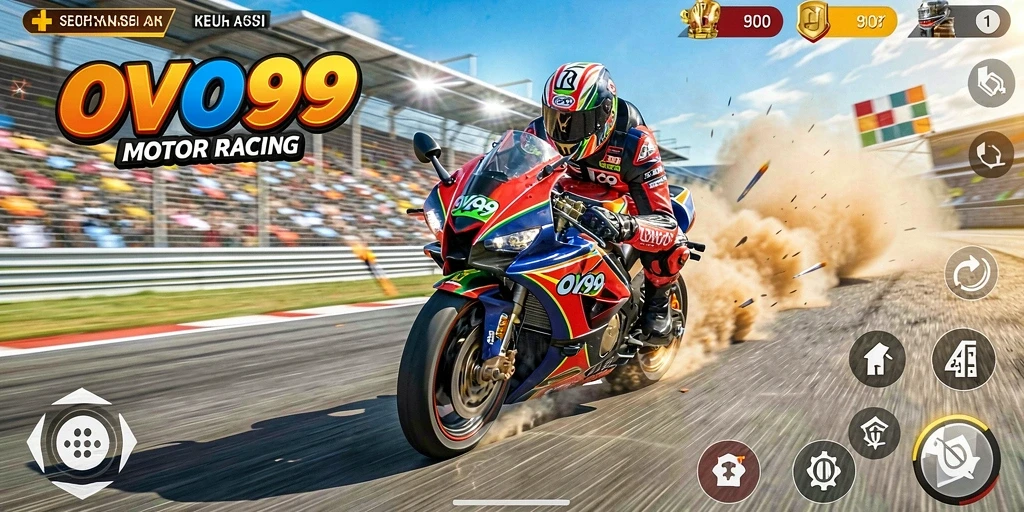 Tampilan gameplay seru OVO99 dengan aksi balapan motor yang mendebarkan.
