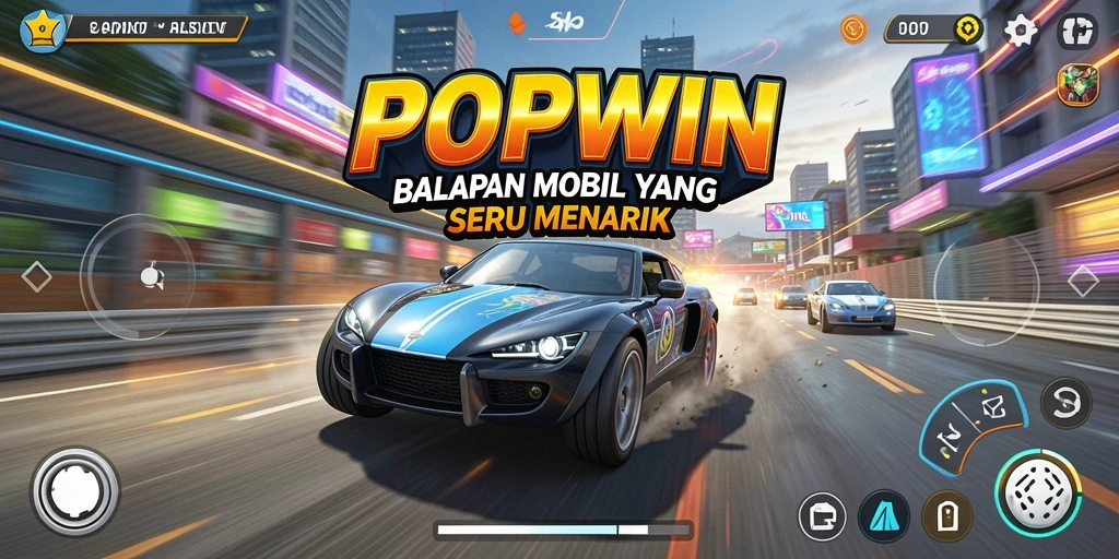 Gameplay seru dalam POPWIN, balapan mobil cepat dan mendebarkan.