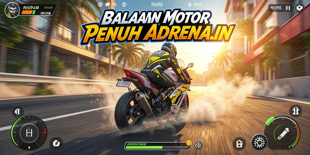 Tampilan gameplay seru dalam balapan motor R6R6 yang mendebarkan.