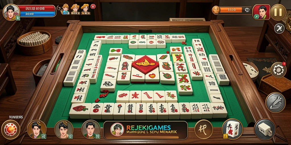Tampilan gameplay REJEKIGAMES yang menarik dengan grafis Mahjong yang cerah.
