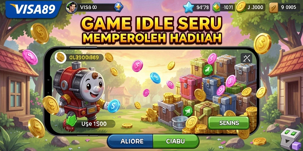 Tampilan gameplay VISA89 dengan karakter yang lucu dan aktivitas otomatis.